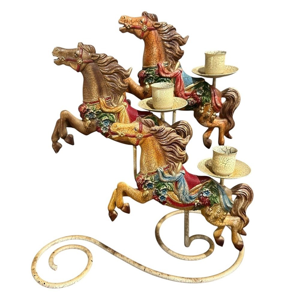 Vintage Smithsonian Horse Carousel 3 Candelabra Candle Holder 11" Tall Metal